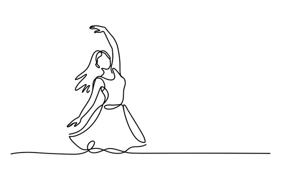 Continuous single line drawing of a dancing woman in a dress
