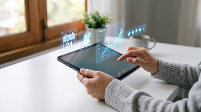 Business person using tablet with futuristic holographic interface showing progress chart, calendar and notification icons for digital management, remote work, analyzing data