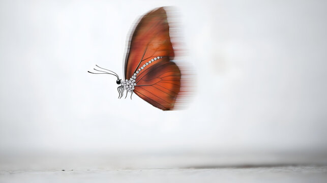 Elegant butterflies in motion with blurred wings and gemstone details on a soft white background. Minimalist aesthetic, dreamy light, surreal luxury vibe and graceful nature in flight.