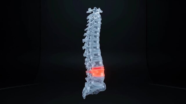 Horizontal 3D animation video of a human spine with glowing red lower back disc showing lumbar pain and backache concept