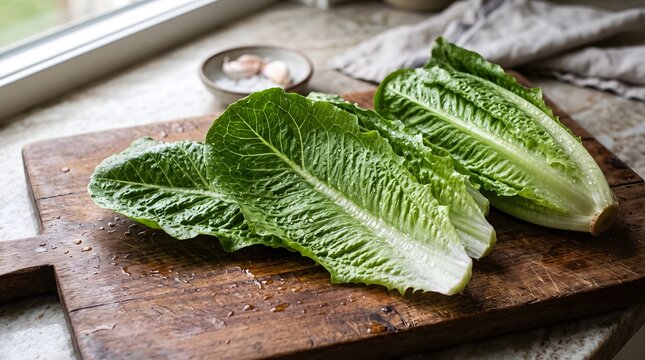 Fresh romaine lettuce on wooden cutting board, green salad leaves in rustic kitchen, organic vegetable preparation for healthy cooking