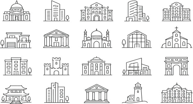 Collection of architectural building line icons on a white background