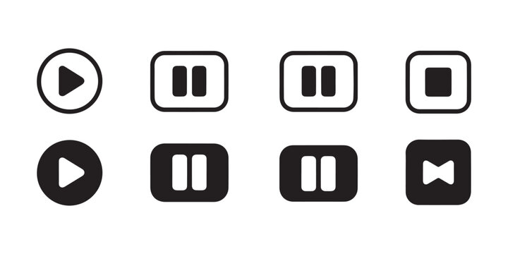 Playback button collection including play pause and stop symbols in black for interface and media application.