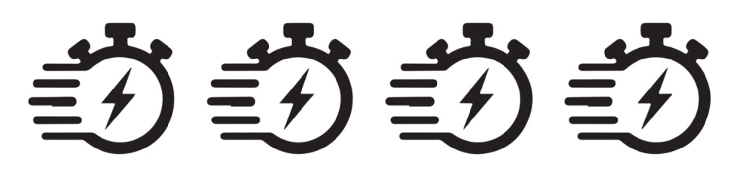 Fast charge stopwatch icon set with black lightning symbol and motion lines for battery speed sign.