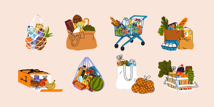 Set of different shopping bags- net, tote, plastic pack and cart. Supermarket basket with various purchases and food. Grocery store trolley with products from shop. Flat isolated vector illustrations