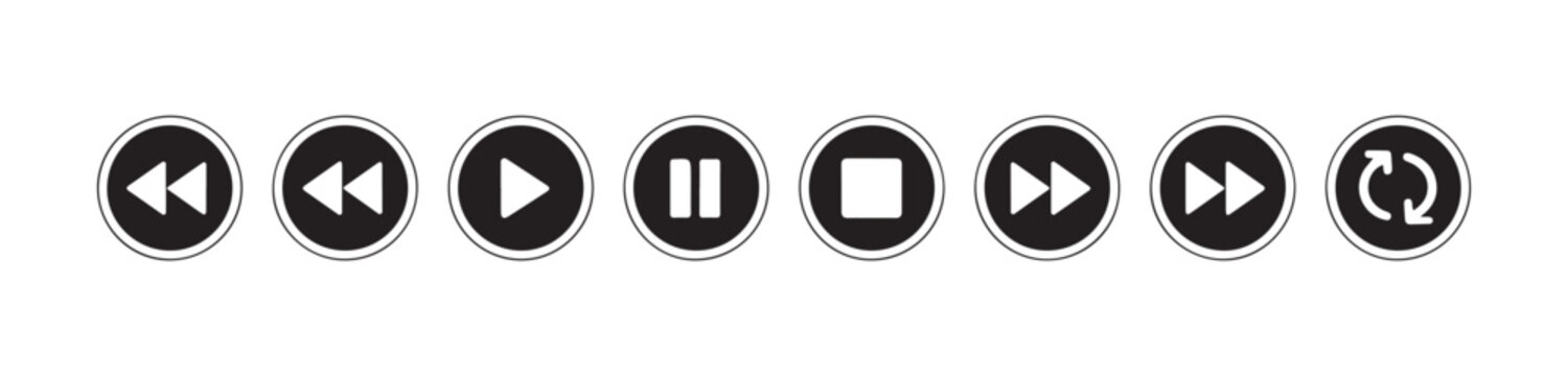 Minimalist black media player icon set in circular frames for user interface and modern website navigation.