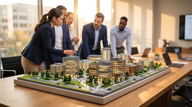Diverse business team reviewing architectural city model in bright corporate boardroom during sunset discussing urban planning and sustainable real estate development projects for investors