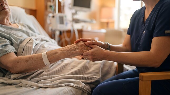 Caregiver Comforting Elderly Patient by Holding Hand Beside Hospital Bed