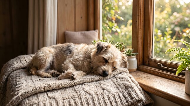 Cozy scruffy dog sleeping on knit blanket by window. Rustic cottage interior with pet resting in warm sunlight. Peaceful domestic scene.