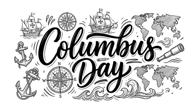 Columbus Day lettering banner with hand drawn sailing ships world map and nautical compass doodles