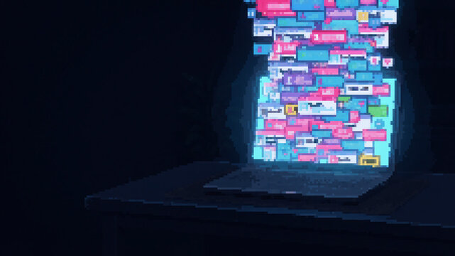 Pixel art laptop screen overflowing with vertical neon notifications and chat bubbles
