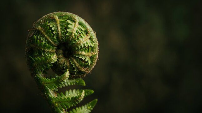 Macro photograph of a vibrant green fern fiddlehead unfurling in a lush forest with soft dramatic lighting and dark moody background showcasing botanical growth and nature concept