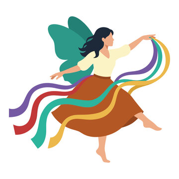 Fairy woman dancing with colorful ribbons and wings