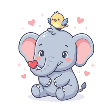 Cute Sitting Baby Elephant Holding Tiny Heart with Little Bird on Head
