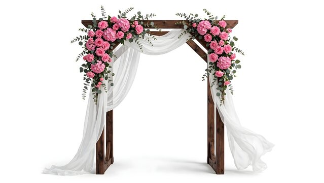 Photorealistic rustic dark walnut wooden wedding arch decorated with bright pink roses, pink hydrangeas, eucalyptus greenery and flowing sheer white chiffon drapes, isolated on pure white background. 