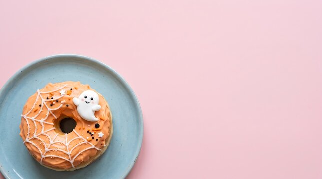 food and lifestyle background featuring a cute Halloween donut on a plate with ample pastel pink copy space.