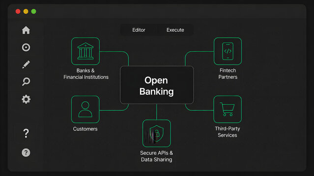 Open Banking Concept Map Showing Banks Fintech Partners and Secure APIs for the Connected Financial Services Ecosystem