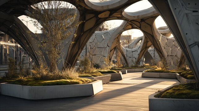 Green smart bus stops with vertical gardens, eco-friendly infrastructure and innovative urban design for future cities.