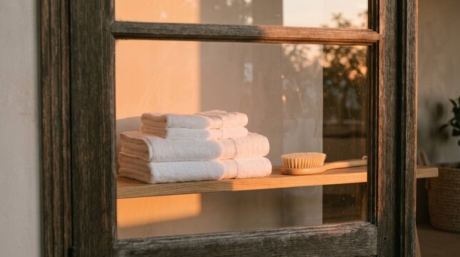 Minimalist spa interior with white cotton towels and wooden body brush on a ledge viewed through a rustic wooden window frame in warm golden hour sunset light
