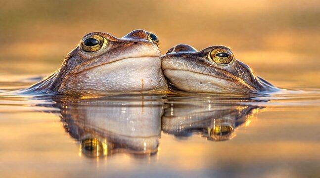 frog in water Two Frogs Resting Together on Calm Water at Golden Hour