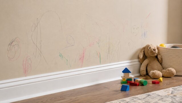 Child Pencil and Marker Drawings on Damaged Beige Wall