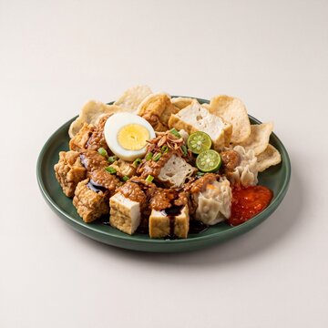 Indonesian Batagor Bandung on Green Plate with Peanut Sauce and Egg AI Generated
