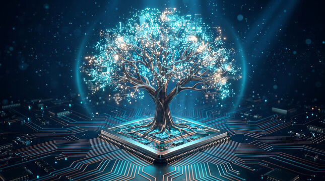 Digital technology tree growing from a computer processor with cyber nature digital growth futuristic tree data ecosystem artificial intelligence green tech digital innovation circuit board