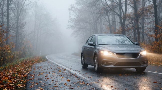 Car driving on a wet winding road through a foggy autumn forest, representing dangerous weather conditions, reduced visibility, road safety and seasonal driving