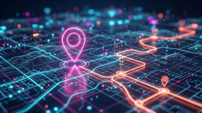Neon map location pin on a glowing digital smart city grid with location marker navigation map traffic routes location tracking gps coordinate urban network futuristic map digital infrastructur