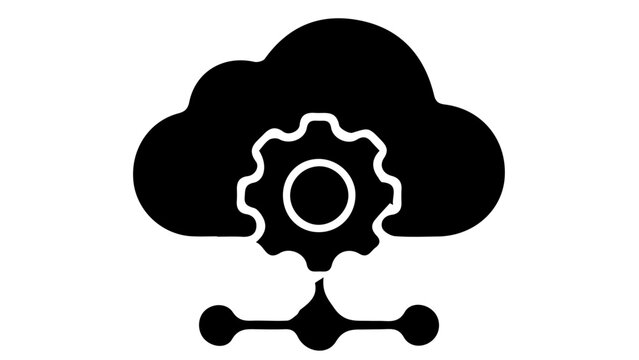 Cloud computing gear icon, network server configuration symbol, black silhouette vector for data management and IT infrastructure