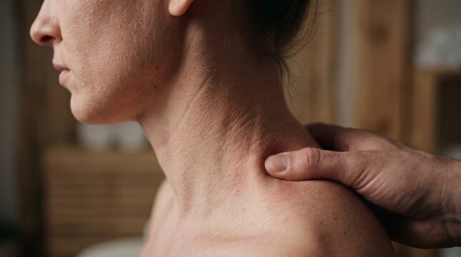 Horizontal close-up photo of a person checking a lump or swollen lymph node on their neck with a finger
