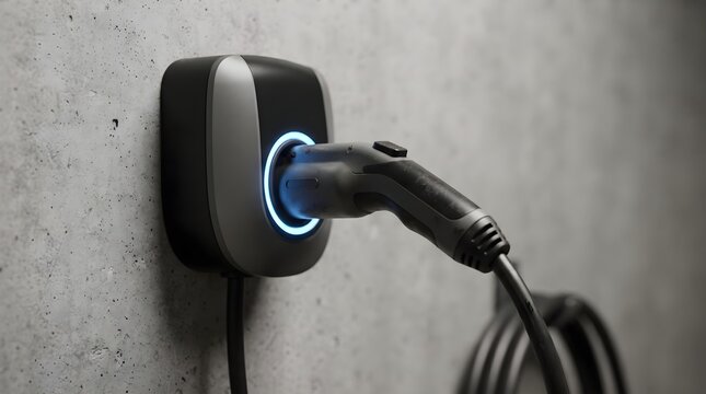 EV Charging Cable Connector with Blue Indicator Light on Garage Wall