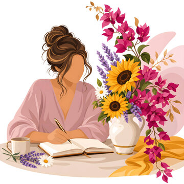 Young woman journaling on desk surrounded by vibrant sunflowers and pink flowers, aesthetic mindfulness and self care concept illustration for pod design