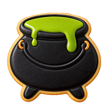 Decorated Halloween cookie shaped like a black witch cauldron filled with dripping green potion, isolated on transparent background for spooky bakery and party designs.