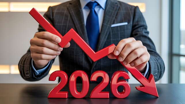 Business decline concept with red falling arrow and 2026 text representing financial loss and economic downturn