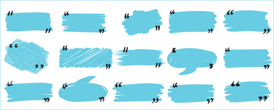 Creative collection of  hand drawn blue marker scribble text box templates and speech bubbles with black quotation marks for highlight design.