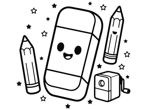 Adorable kawaii style illustration of school supplies including a pencil sharpener pencils and a happy eraser surrounded by twinkling stars