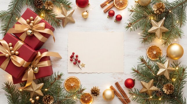 Christmas card with red gift boxes and golden ornaments on white wooden background