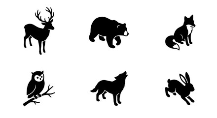 Obraz premium Forest Wildlife Icons Set, Woodland Animals Silhouette Collection, Nature Vector Graphics
