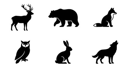 Obraz premium Forest Wildlife Silhouettes: Deer, Bear, Fox, Owl, Rabbit, Wolf Icons Set