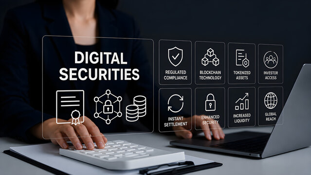 Digital Securities Infographic With Businesswoman and Holographic Interface Showing Tokenized Assets and Compliance
