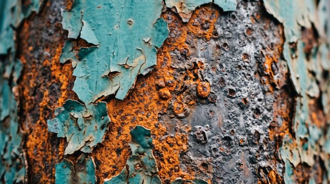 Close up of weathered metal surface with peeling teal paint and heavy rust.