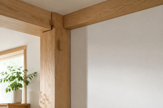 Light oak column with wooden joint and green plant, interior architecture concept
