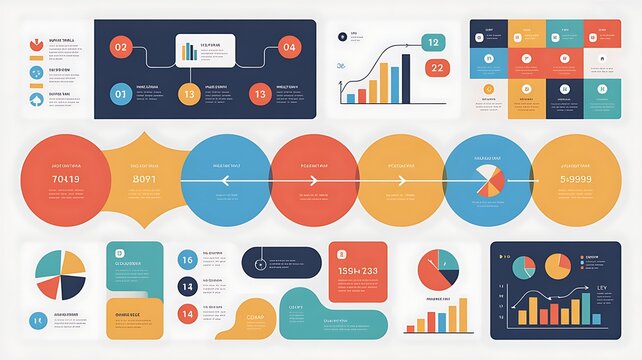 Modern colorful infographic elements template set with timeline, process steps, workflow, business presentation, data visualization, and corporate infographic layout design. 
