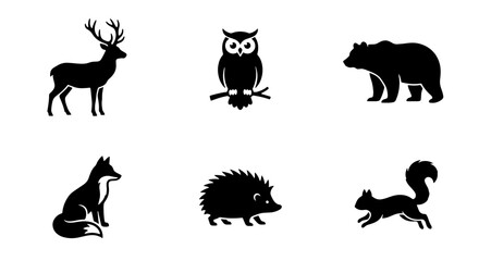 Obraz premium Forest Animal Silhouettes Collection: Deer, Owl, Bear, Fox, Hedgehog, Squirrel Icons