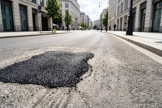 Completed asphalt patch after professional pothole repair on a maintained urban road.