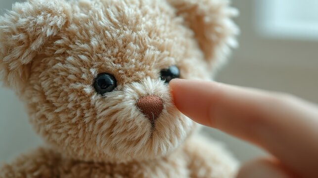 Close up of a finger gently touching the soft plush nose of a fluffy brown teddy bear toy for childhood concept