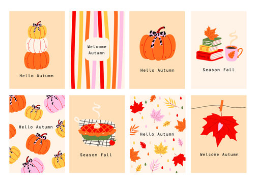 Autumn card set. Seasonal fall illustrations with leaves, pumpkin for greeting card. Vector
