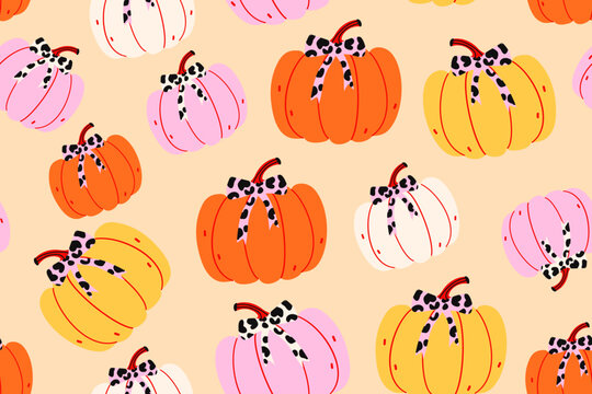 Cute autumn seamless pattern with colorful pumpkins. Vector illustration.
