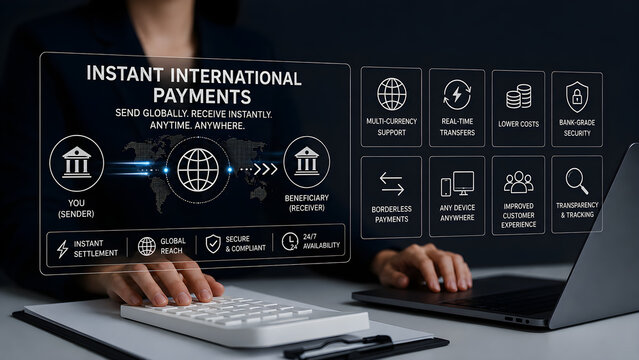 Instant International Payments Infographic With Businesswoman and Holographic Interface Showing Global Real Time Transfers